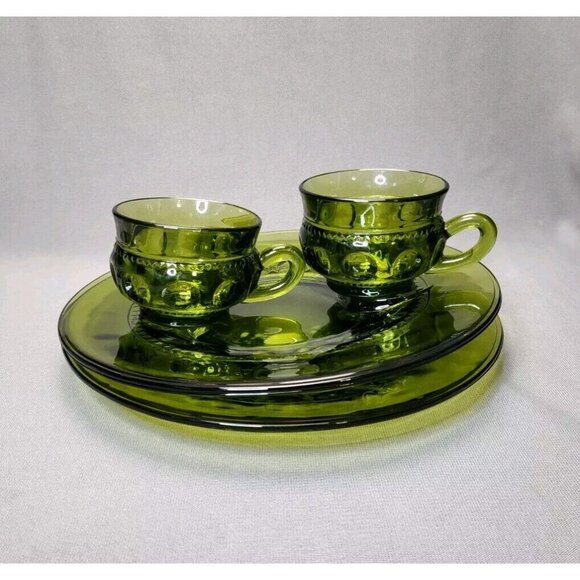Snack Plates & Cups Indiana Glass King's Crown Thumbprint Avocado Green Vintage - Picture 4 of 8